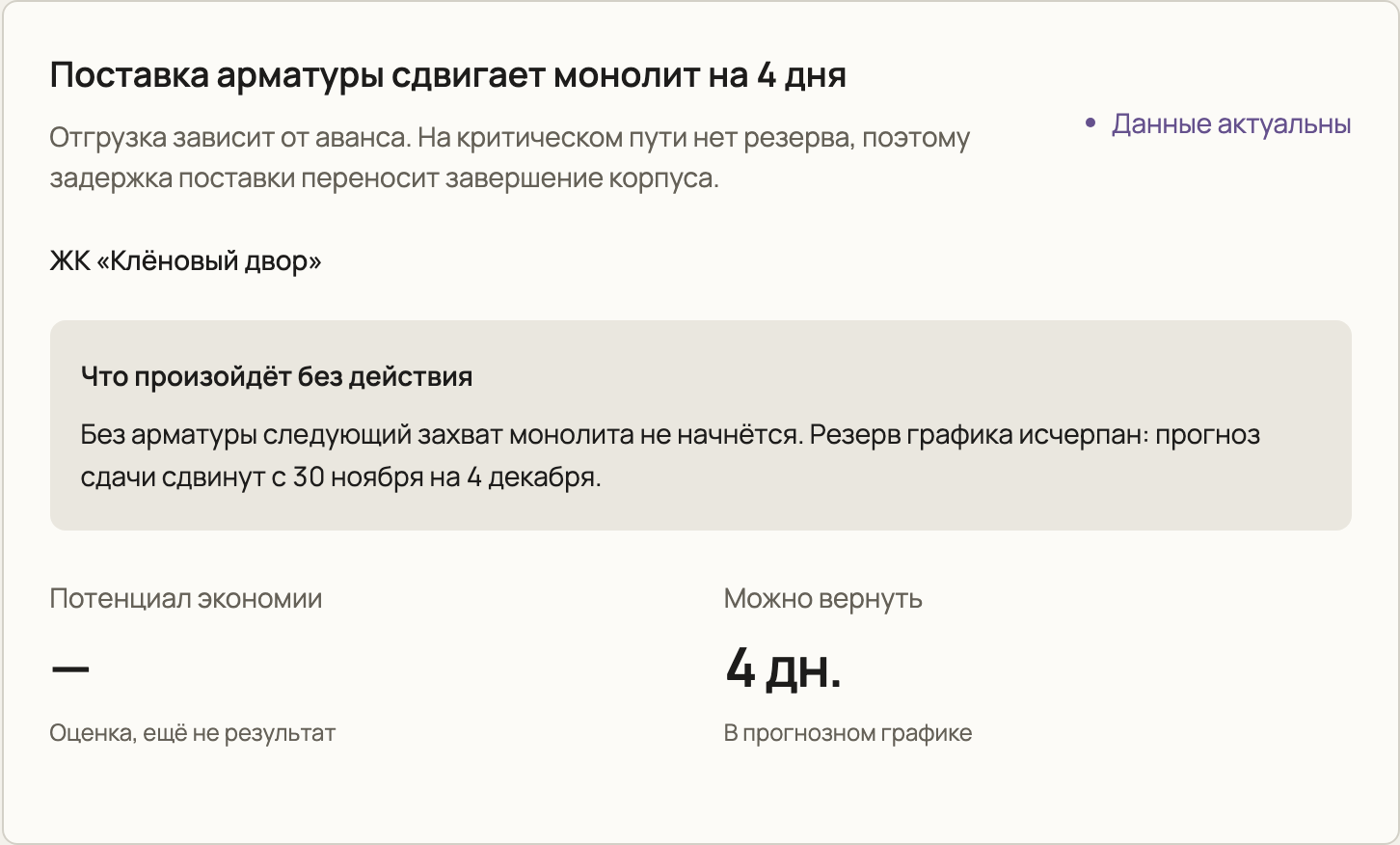 Пример NEXUS: задержка поставки и её влияние на срок строительного проекта
